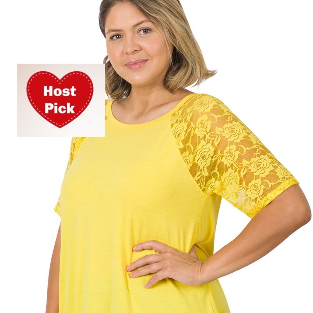 Plus Size Top with Lace Detail - Yellow